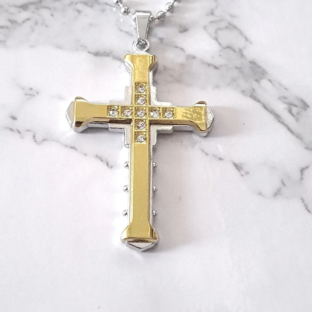New Boutique Cross‎ Pendant Necklace Unisex Gold Silver Two Tone Crystal Inlay
